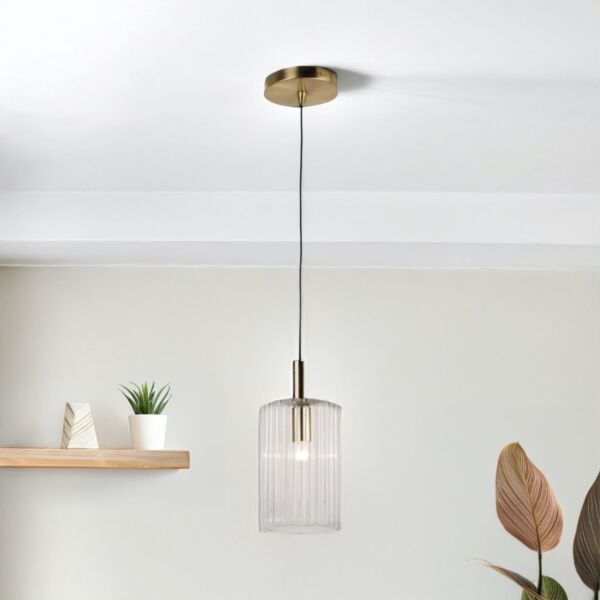 Fluted Glass Design Pendant Fitting Finished with Clear Glass and Bronze Effect Colour