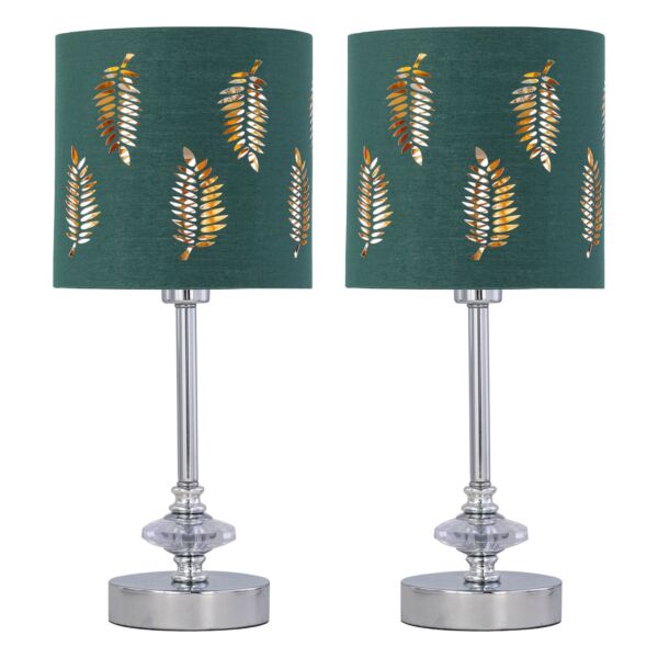 Set of 2 Chrome Jewelled Table Lamps with Dark Green Fern Shades