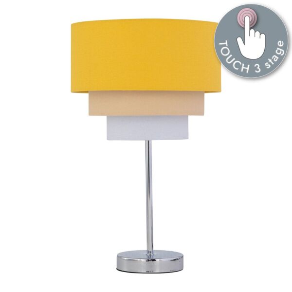 Chrome Touch Operated Table Lamp with Tiered Ochre Linen Shade