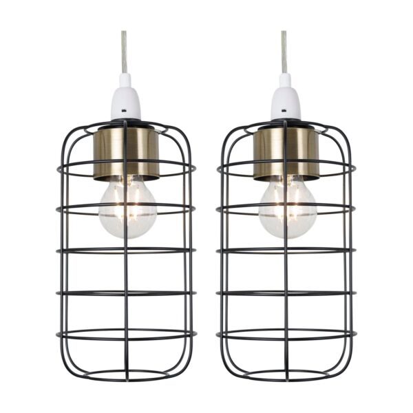 Set of 2 Cage - Black and Antique Brass Industrial Style Easy Fit Pendant Shade