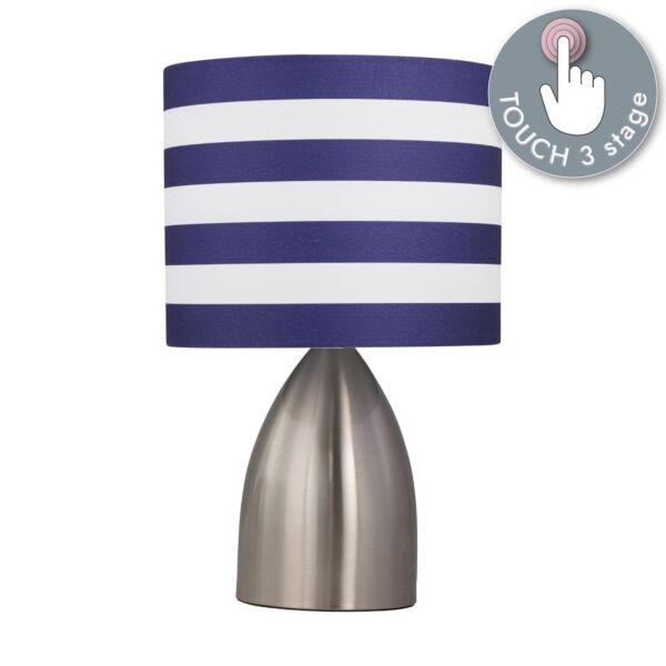 Valentina - Brushed Chrome Touch Lamp with White & Blue Striped Shade