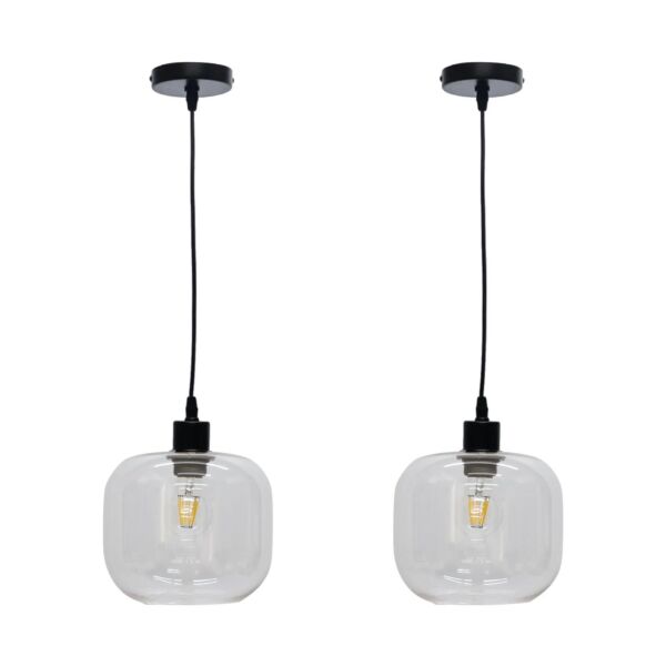 Set of 2 Bletch - Clear Glass with Black Pendant Fittings