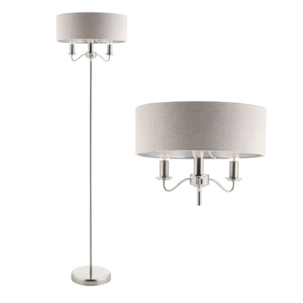 Ayrshire - Brushed Nickel 3lt Floor Lamp with Natural Linen Shade