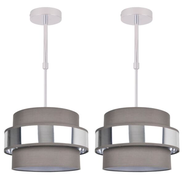 Pair of 2 Tier Grey Fabric & Brushed Silver Plated Banded Ceiling Adjustable Flush Shade