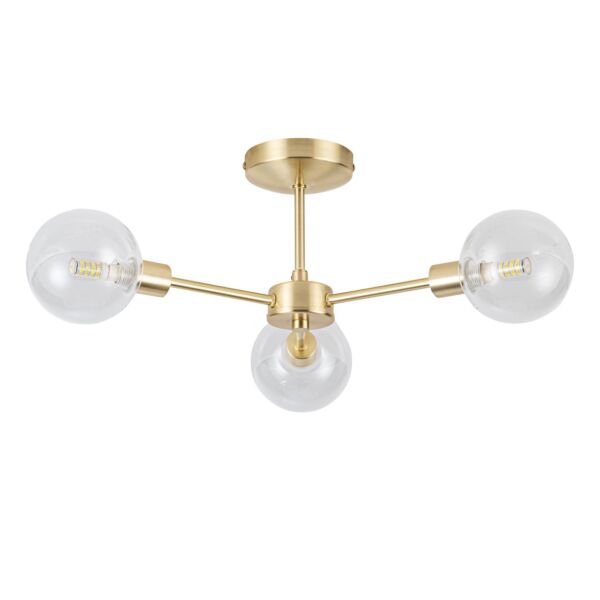 Toner - Satin Brass with Clear Glass Globes 3 Light Flush Ceiling Light