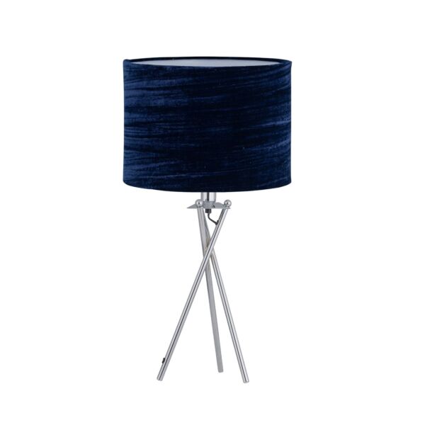 Chrome Tripod Table Lamp with Navy Blue Crushed Velvet Shade