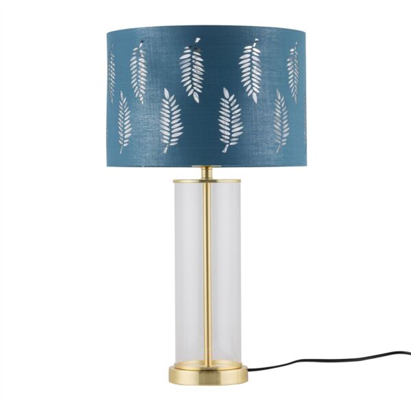 Aura - Satin Brass Table Lamp with Teal Fern Cut Out Silver Shade