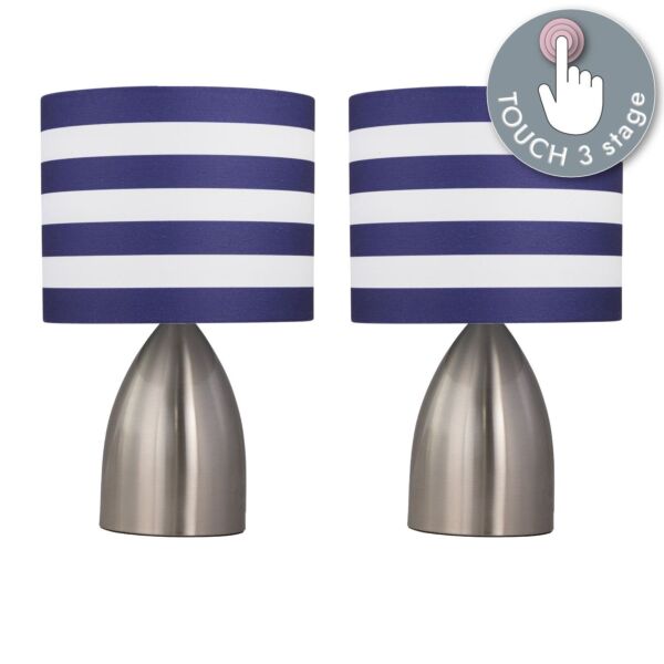 Set of 2 Valentina - Brushed Chrome Touch Lamps with White & Blue Striped Shades