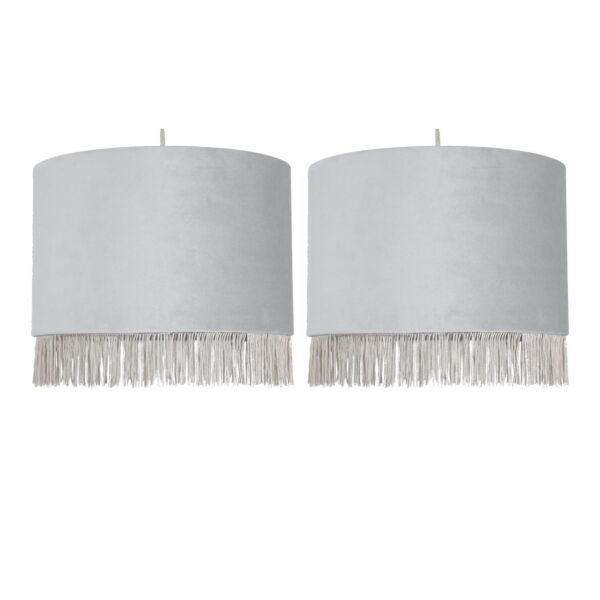 Set of 2 Fringed - Silvery Grey 23cm Fringed Velvet Pendant Shades