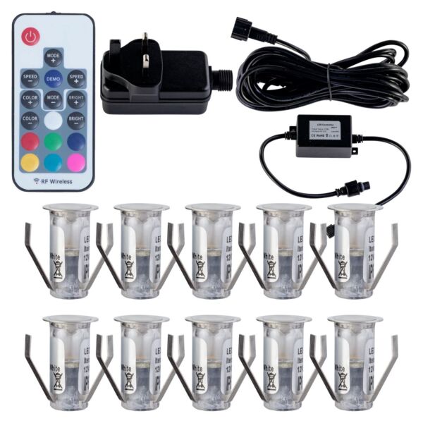 Set of 10 - 15mm Stainless Steel IP67 RGB Colour Changing LED Plinth Decking Kit