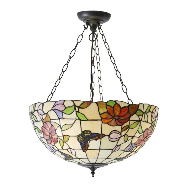 Interiors 1900 - Butterfly - 70746 - Dark Bronze Tiffany Art Glass 3 Light Ceiling Pendant Light