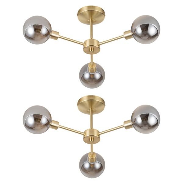 Set of 2 Toner - Satin Brass with Smoke Glass Globes 3 Light Flush Ceiling Lights