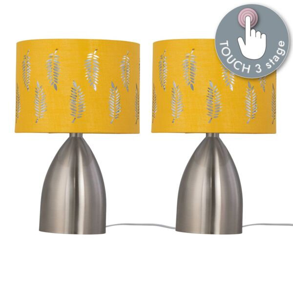 Set of 2 Valentina - Brushed Chrome Touch Lamps with Ochre Fern Shades