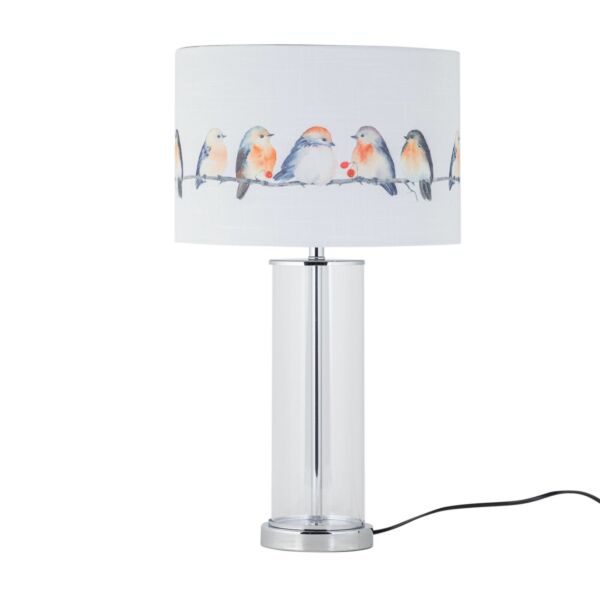 Aura - Chrome Table Lamp with Bird Print Linen Shade