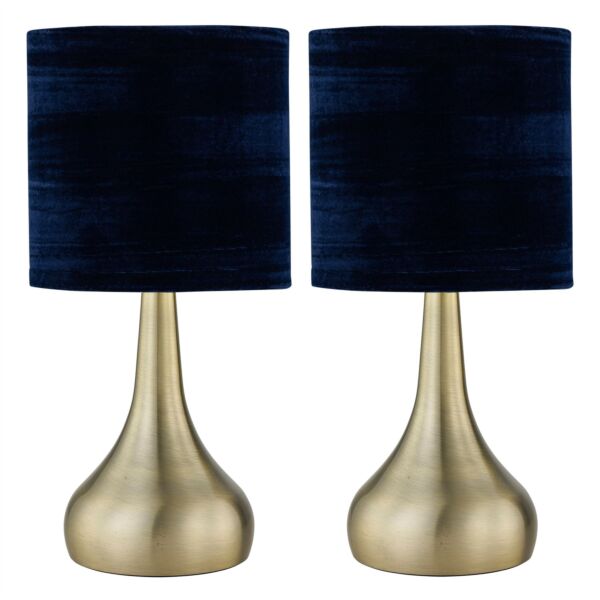 Set of 2 Romana - Antique Brass Touch Table Lamps Blue Velvet Shades