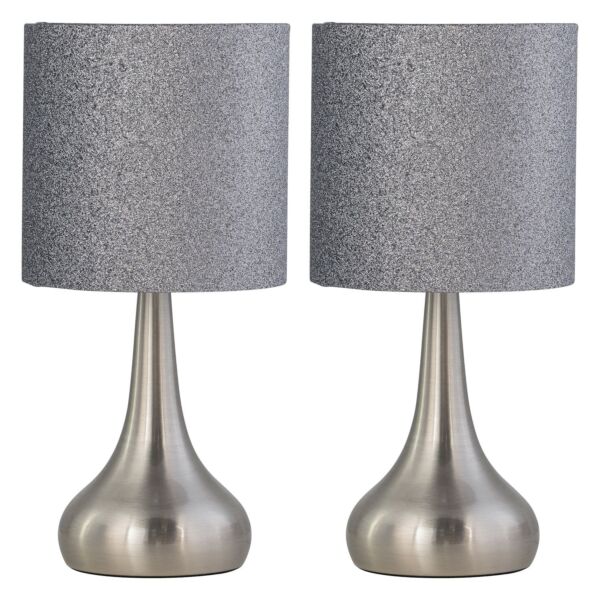 Set of 2 Romana - Brushed Chrome Touch Operated Table Lamps Bedside Lights Glitter Shade