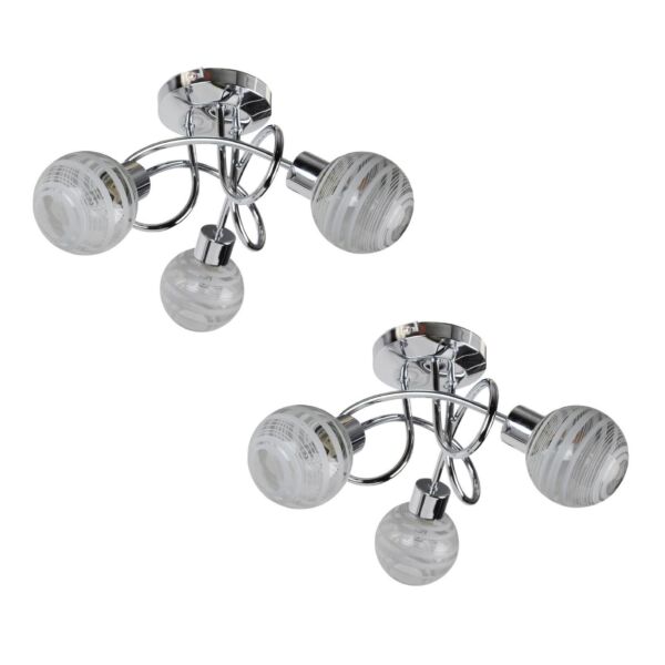 Set of 2 Polished Chrome 3 Way Flush With Striped Glass Shades