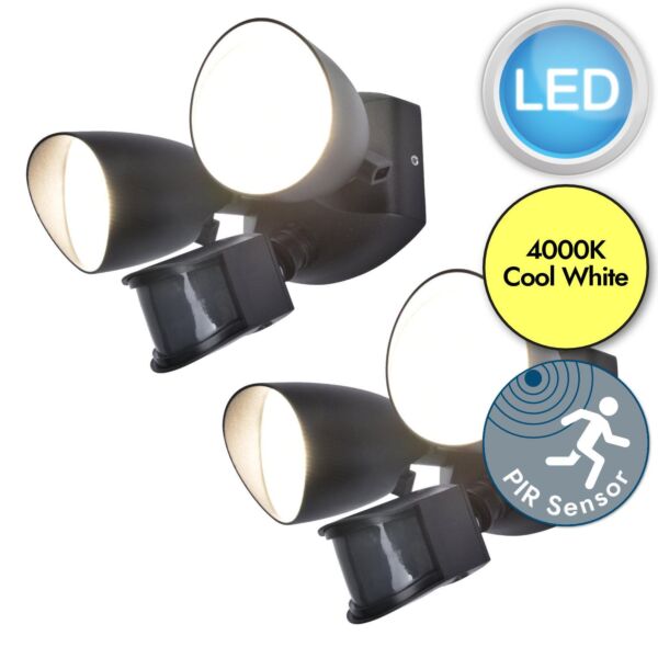 Set of 2 Shrimp - LED Black Clear 2 Light IP54 Outdoor Sensor Floodlights