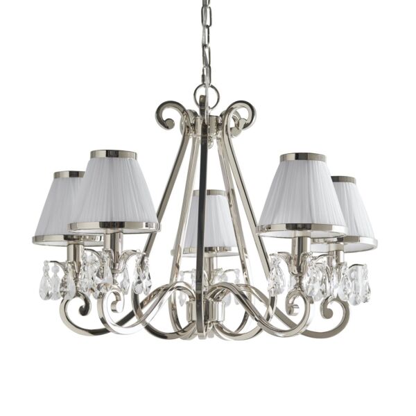 Interiors 1900 - Oksana - 63515 - Nickel Clear Crystal Glass White Pleated 5 Light Chandelier