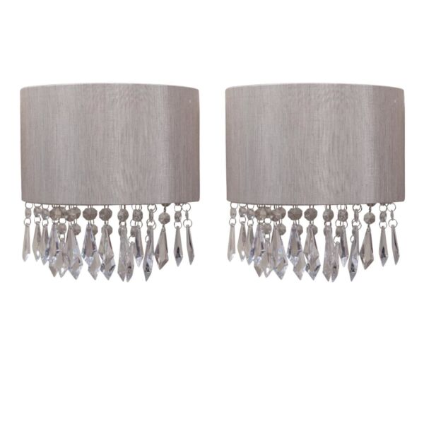 Set of 2 Jewelled Silver Grey Fabric Wall Lights With Clear Beaded Crystal Style Strings