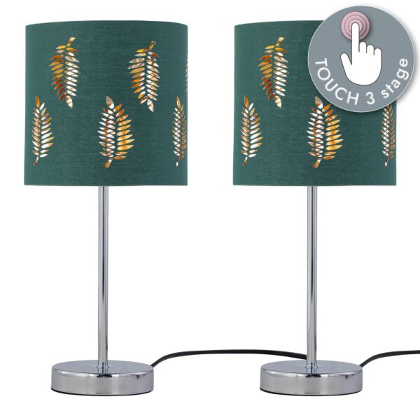 Set of 2 Chrome Touch Operated Table Lamps with Dark Green Fern Shades