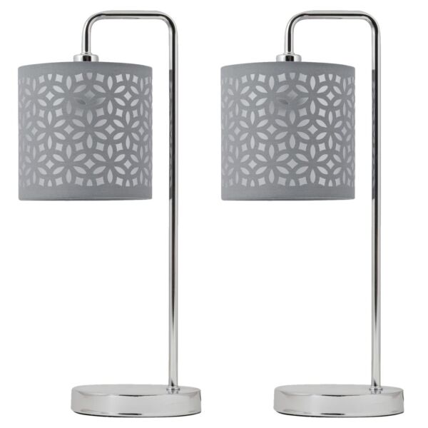 Set of 2 Chrome Arched Table Lamps with Grey Laser Cut Shades