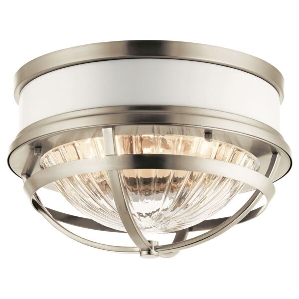 Quintiesse - Tollis - QN-TOLLIS-F-BN - Brushed Nickel White Clear Ribbed Glass 2 Light Flush Ceiling Light