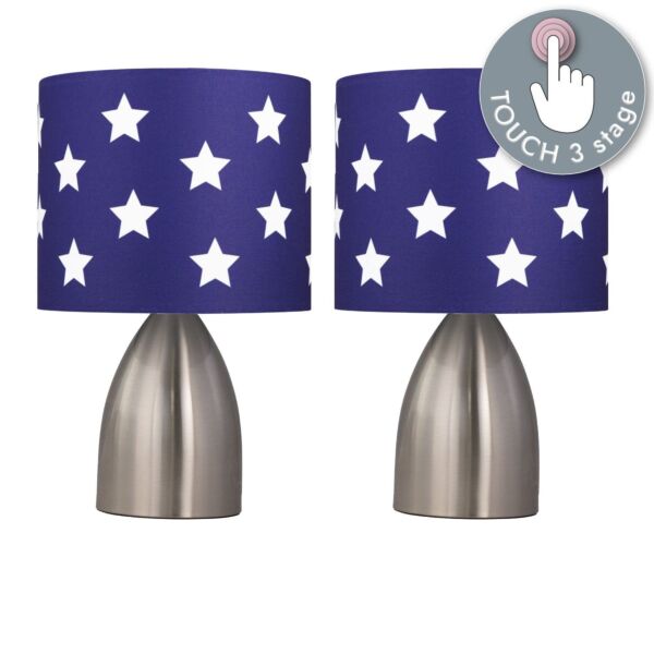 Set of 2 Valentina - Brushed Chrome Touch Lamps with Blue & White Stars Shades