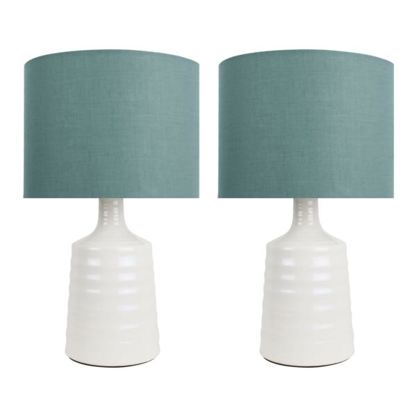 Set of 2 Ripple - Off White Ribbed Ceramic Table Lamps with Teal Fabric Shades