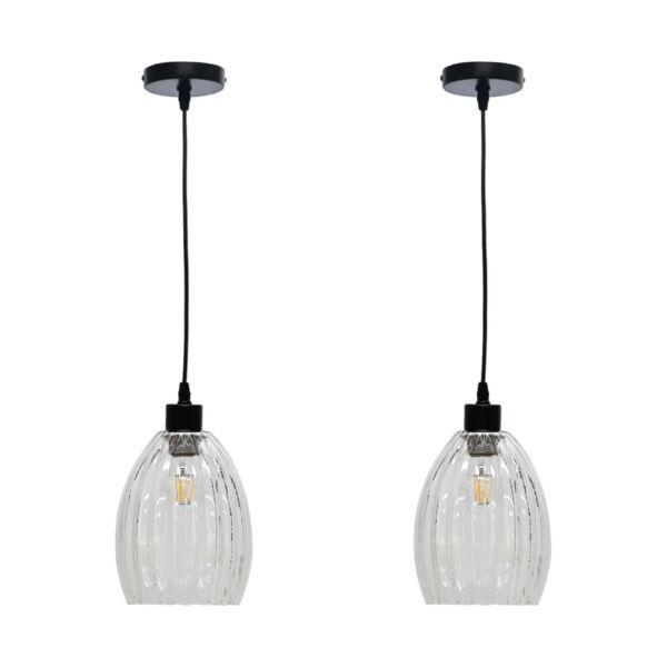 Set of 2 Birch - Clear Fluted Glass with Black Pendant Fittings