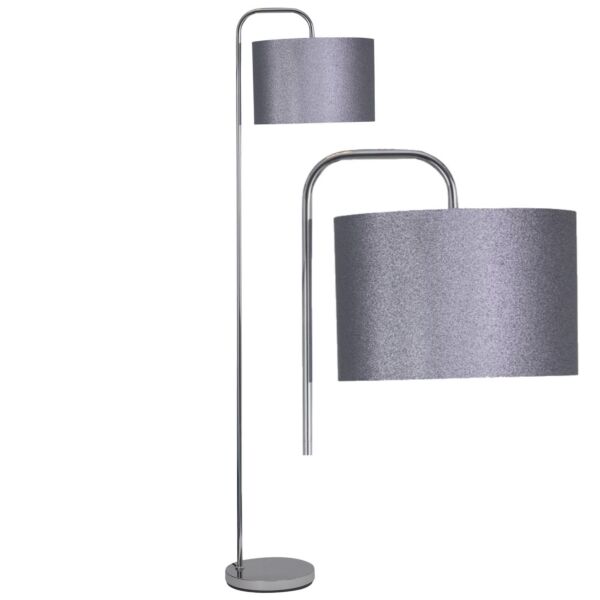 Chrome Arched Floor Lamp with Grey Glitter Shade