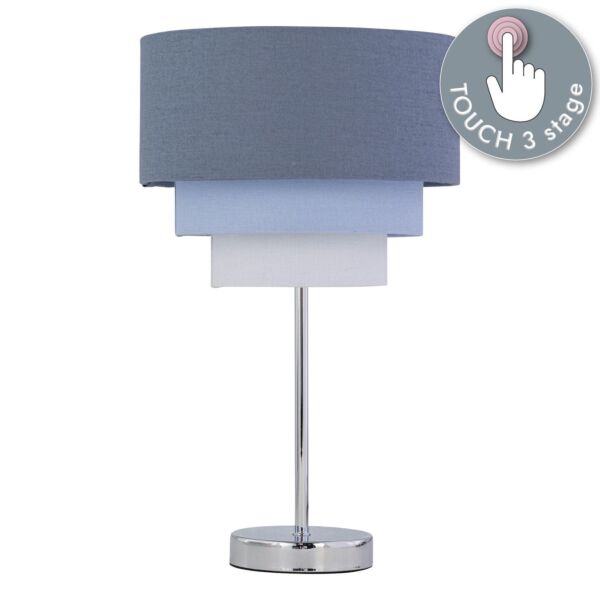 Chrome Touch Operated Table Lamp with Tiered Blue Linen Shade