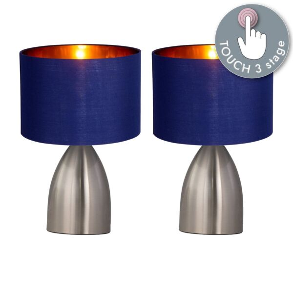 Set of 2 Valentina - Brushed Chrome Touch Lamps with Navy Blue Gold Shades