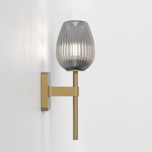 Astro Lighting - Tacoma Single 1429007 & 5036008 - IP44 Antique Brass Wall Light with Smoked Ribbed Tulip Glass Shade