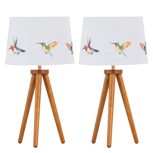 Set of 2 Dark Oak Table Lamp or Bedside Lights with Hummingbird Shades