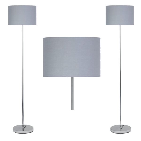 Set of 2 Chrome Stick Floor Lamps with Grey Cotton Shades