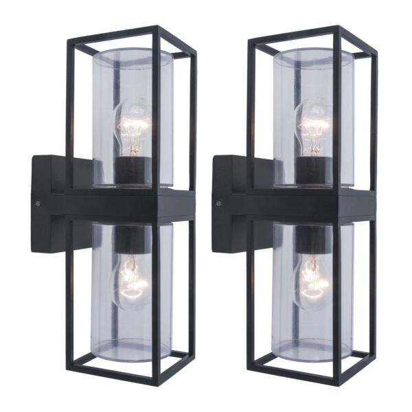 Set of 2 Flair - Black Clear Glass 2 Light IP44 Outdoor Wall Lights