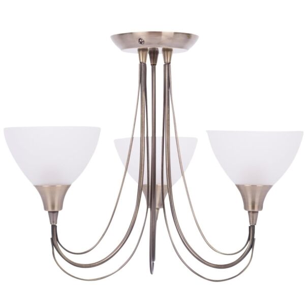 Antique Brass & Frosted Glass 3 Light Semi Flush