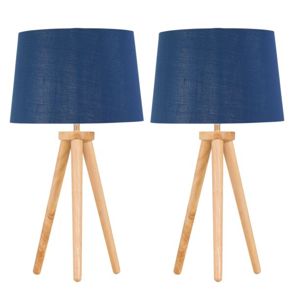 Set of 2 Light Oak Table Lamp or Bedside Lights with Navy Silver Shade