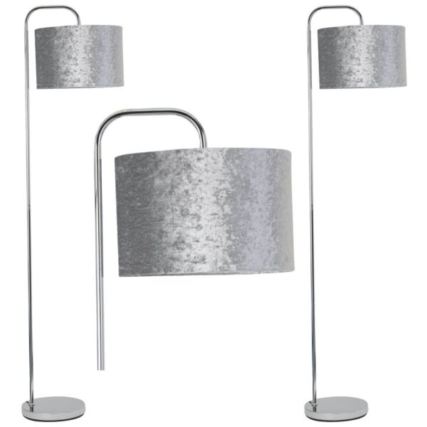 Set of 2 Chrome Arched Floor Lamps with Grey Crushed Velvet Shades