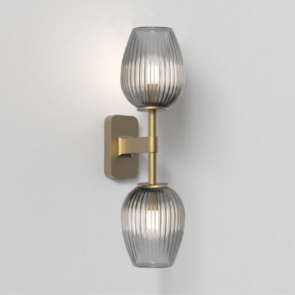 Astro Lighting - Tacoma Twin 1429008 & 5036008 - IP44 Antique Brass Wall Light with Smoked Ribbed Tulip Glass Shades