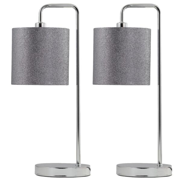 Set of 2 Chrome Arched Table Lamps with Grey Glitter Shades