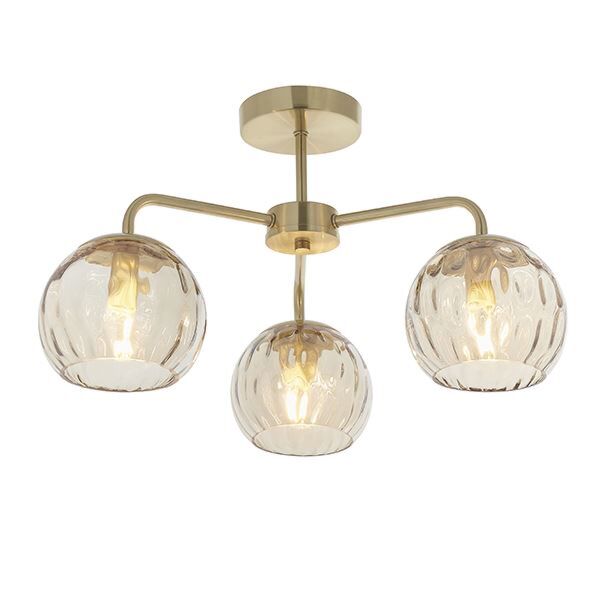 Endon Lighting - Dimple - 91968 - Satin Brass Clear Champagne Glass 3 Light Flush Ceiling Light