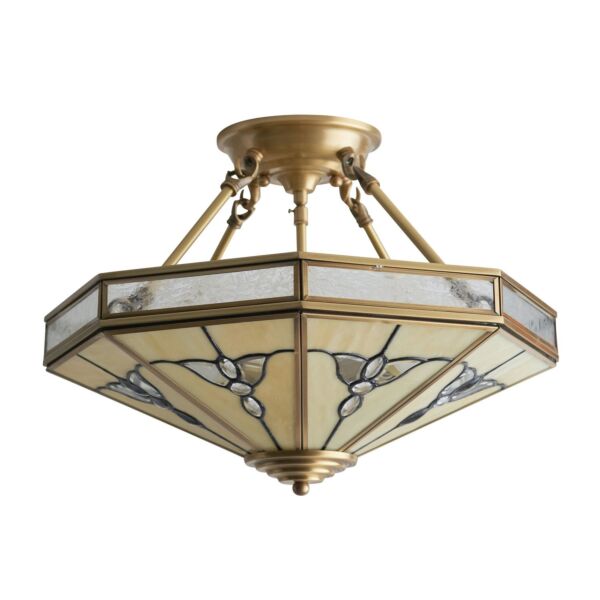 Interiors 1900 - Gladstone - SN03P46 - Antique Brass Tiffany Glass 4 Light Flush Ceiling Light