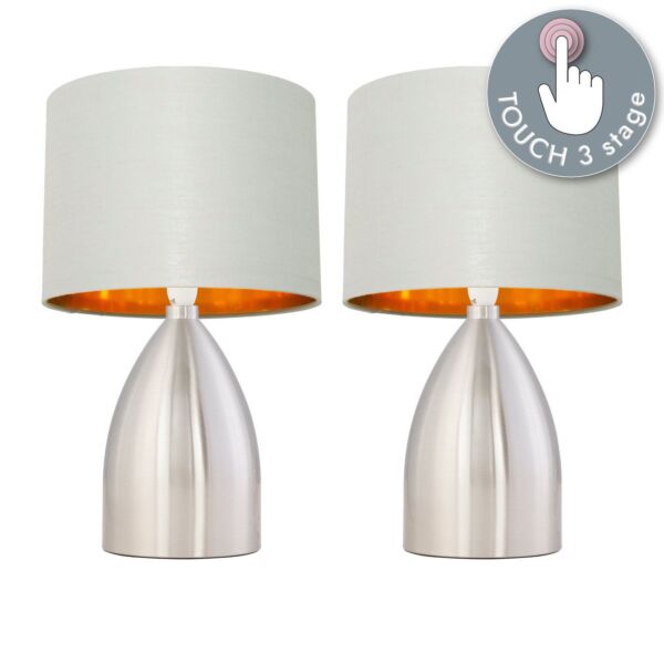 Set of 2 Valentina - Brushed Chrome Touch Lamps with Light Grey Cotton Shades