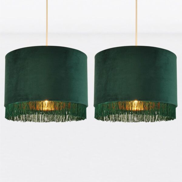 Set of 2 Spruce Green Velvet With Gold Inner Tassled Light Shades