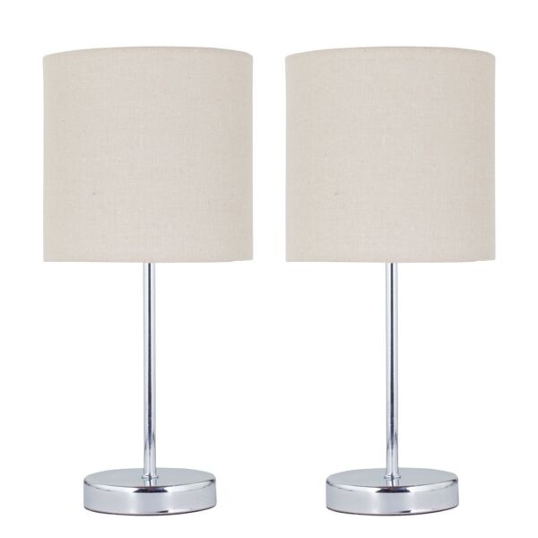 Set of 2 Chrome Stick Table Lamps with Natural Linen Shades