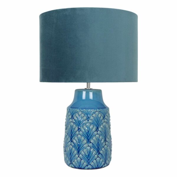 Peacock Glazed Ceramic Lamp with Teal Velour Shade