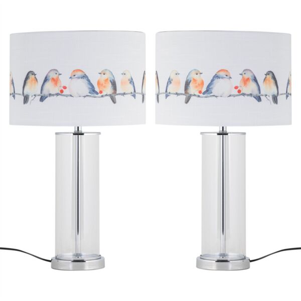 Set of 2 Aura - Chrome Table Lamps with Bird Print Linen Shades