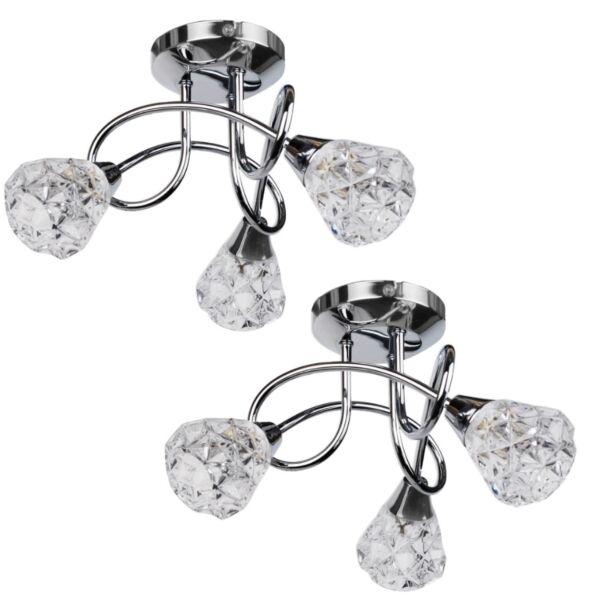 Pair of Chrome and Clear Glass 3 Light Ceiling Fittings